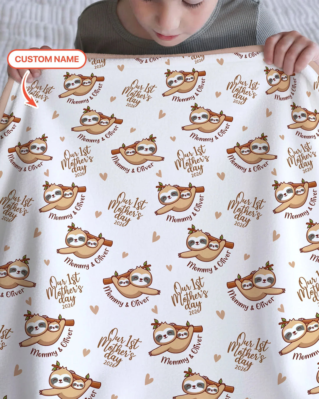 Custom Name Mama & Baby Sloth – Our First Mother’s Day 2026 Bamboo Blanket