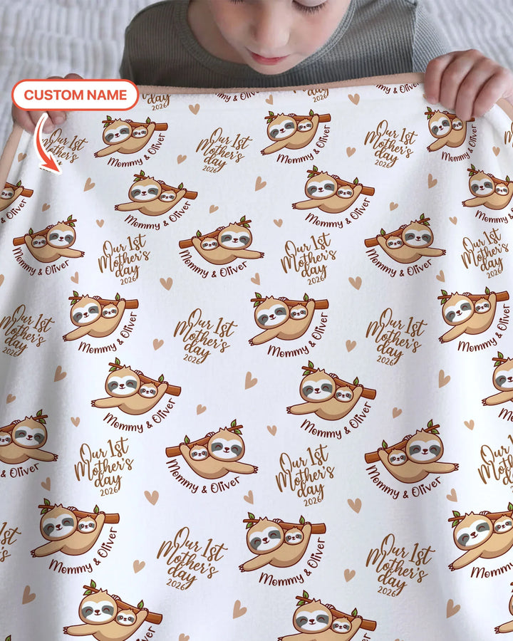 Custom Name Mama & Baby Sloth – Our First Mother’s Day 2026 Bamboo Blanket