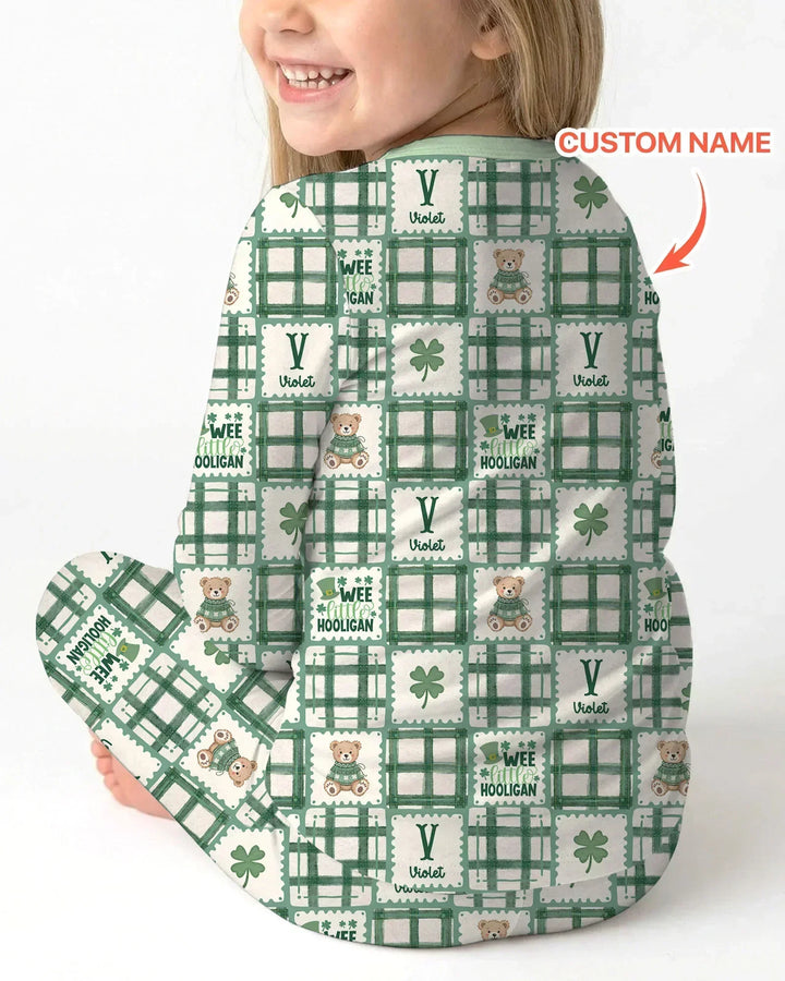 Custom Name Teddy Bear Gingham St. Patrick's Day Bamboo Two Piece Long Sleeve Pajama Set