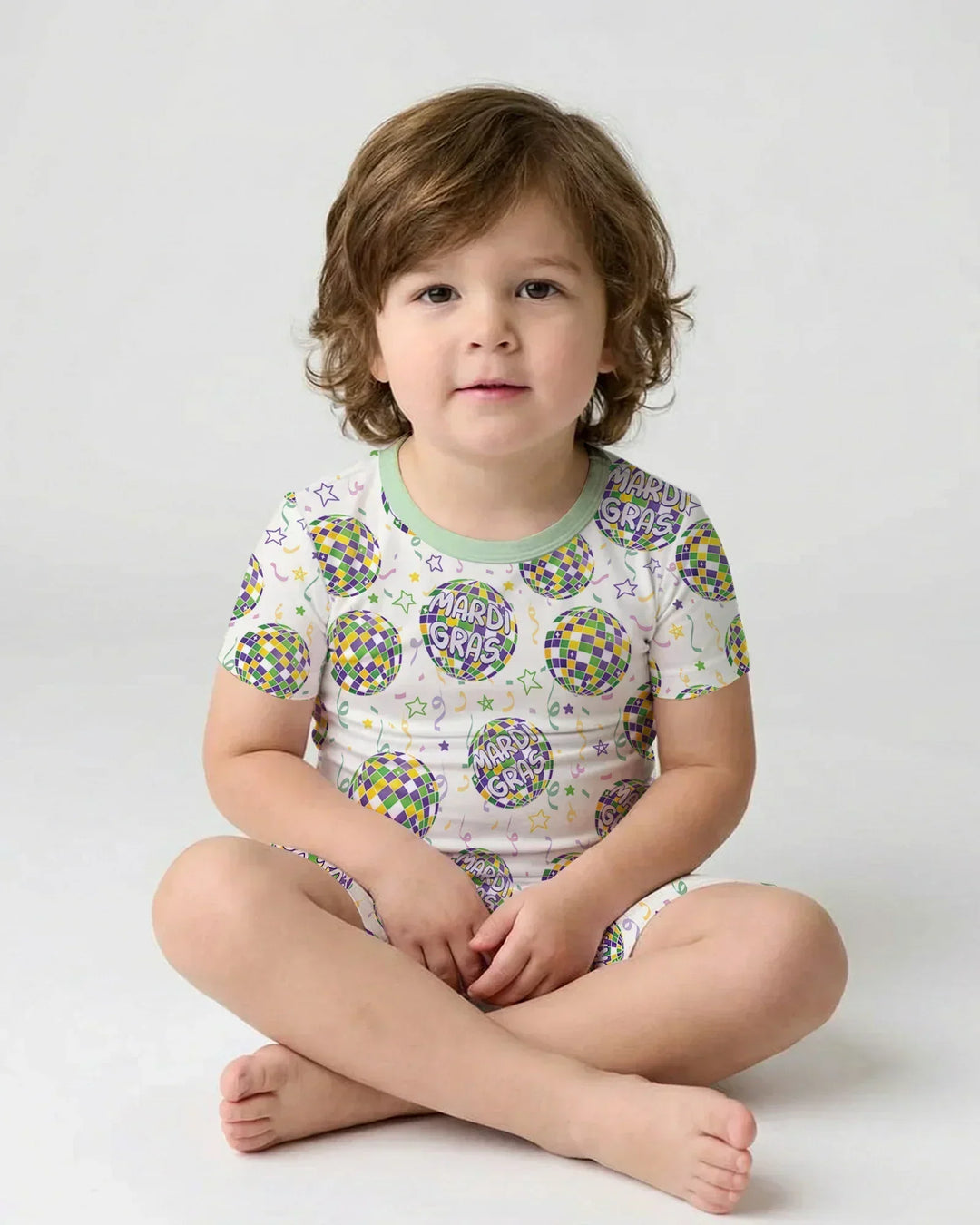 Mardi Gras Disco Ball Bamboo Two Piece Short Sleeve Shorts Pajama Set
