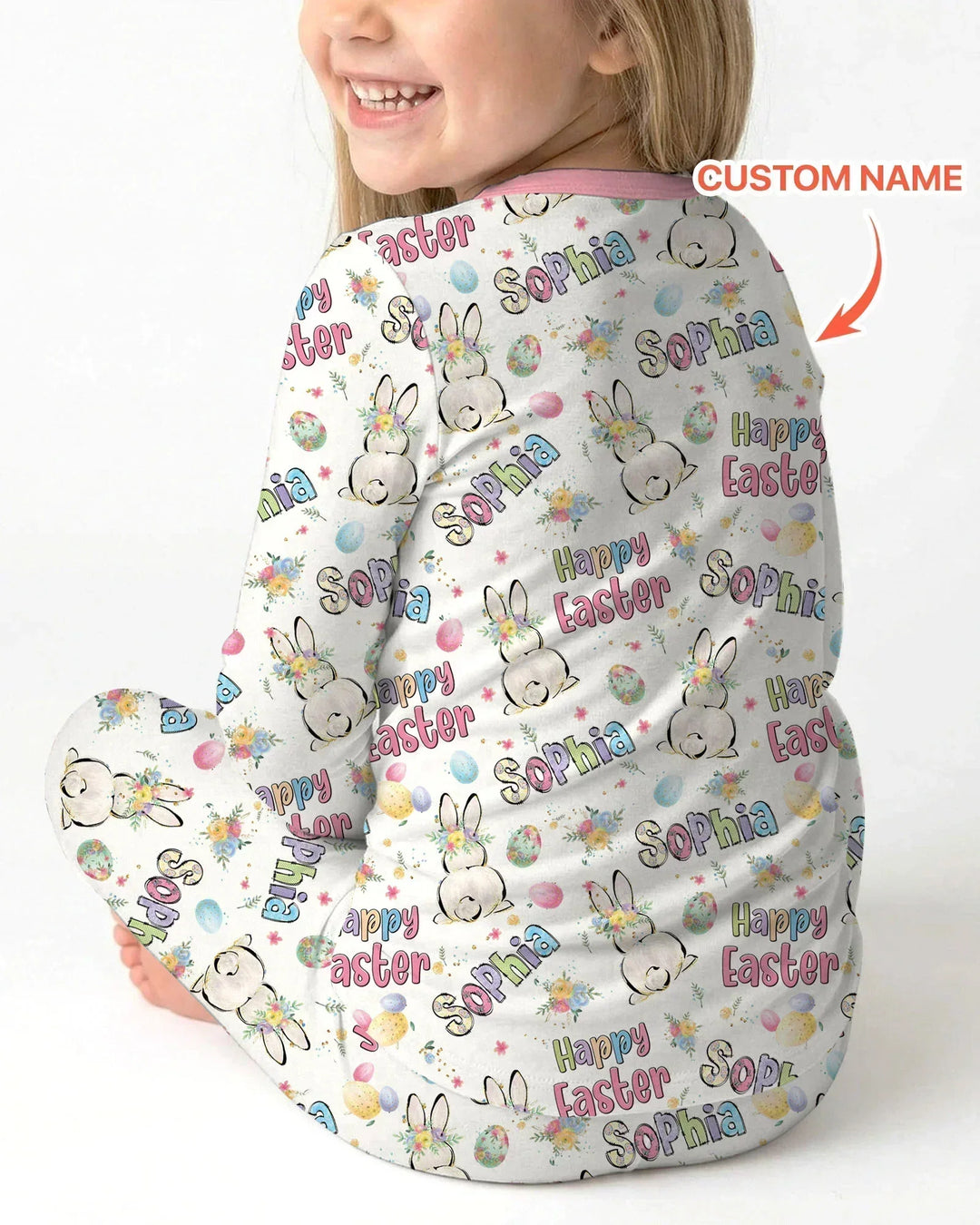 Personalized Happy Easter Bunny Bamboo Two Piece Long Sleeve Pajama Set