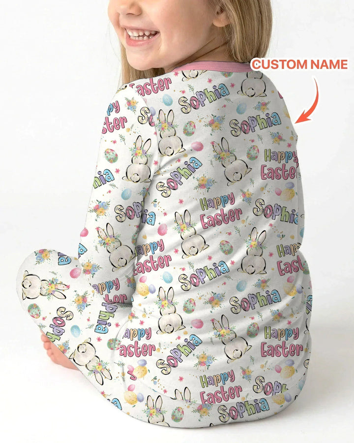 Personalized Happy Easter Bunny Bamboo Two Piece Long Sleeve Pajama Set