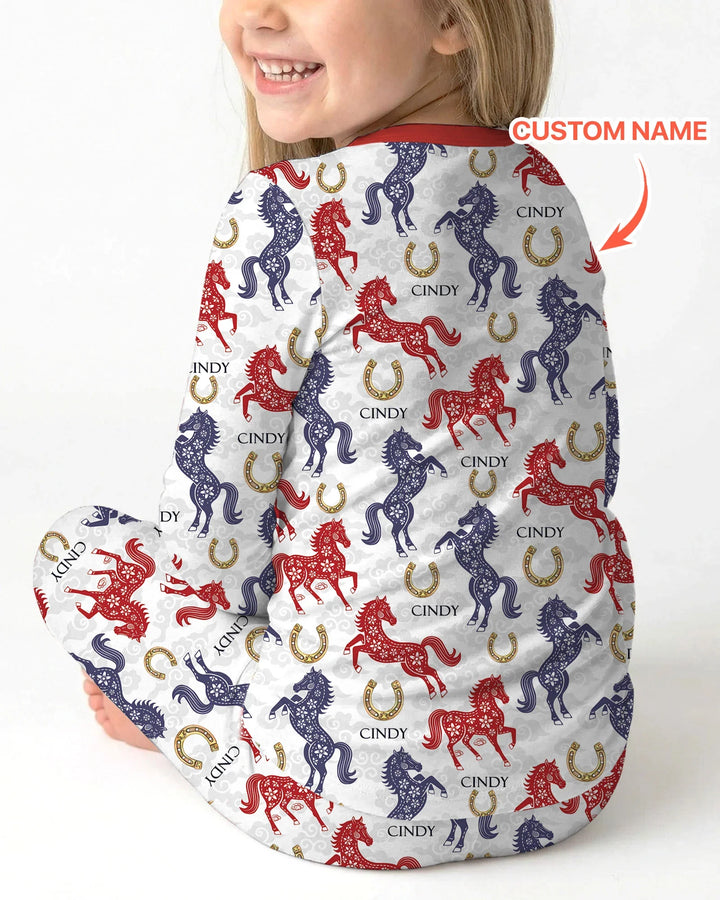 Custom Name Chinoiserie Horses Bamboo Two Piece Long Sleeve Pajama Set