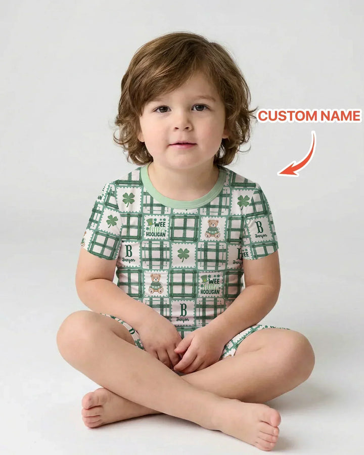 Custom Name Teddy Bear Gingham St. Patrick's Day Bamboo Two Piece Short Sleeve Shorts Pajama Set