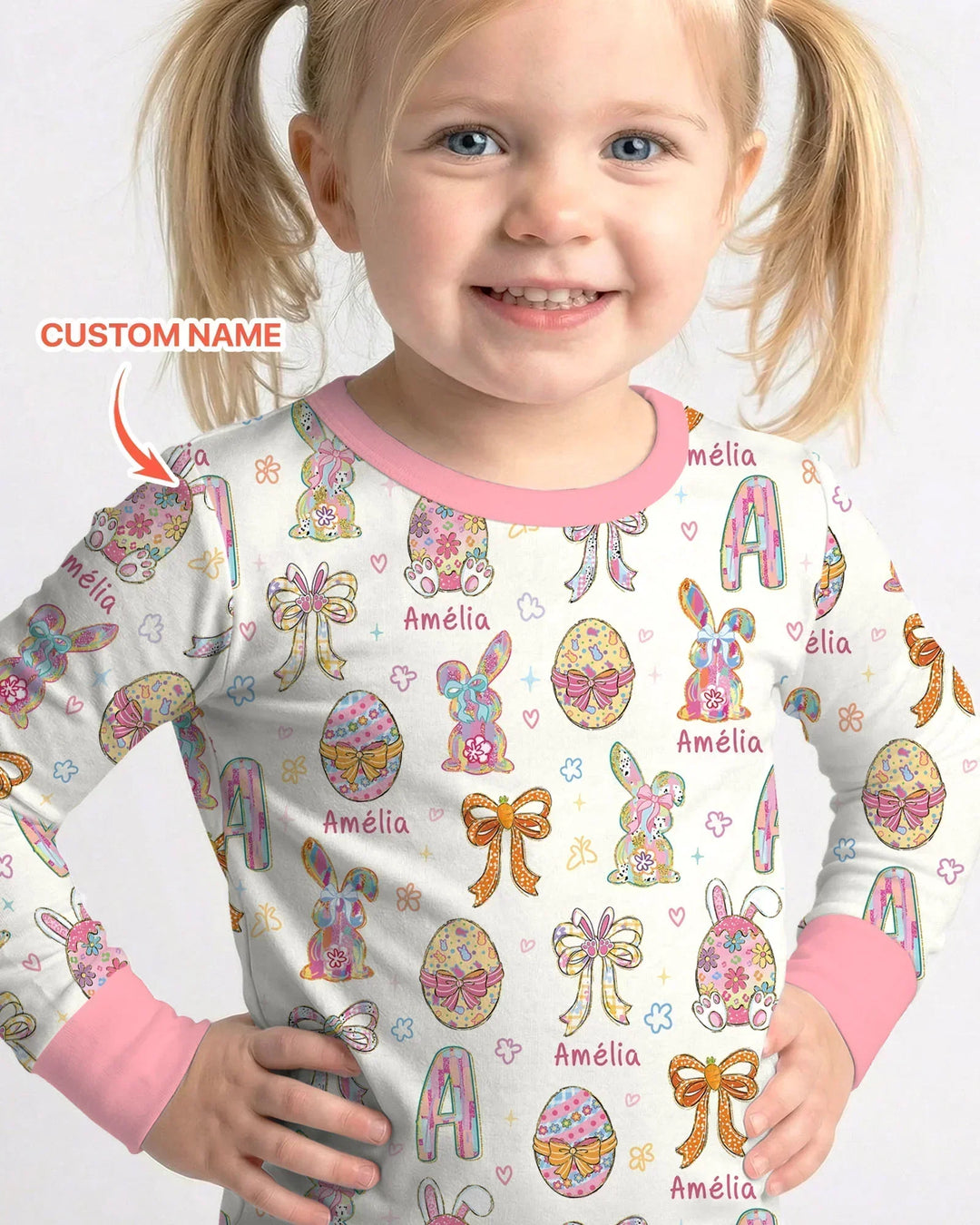 Happy Easter Custom Name Bamboo Two Piece Long Sleeve Pajama Set