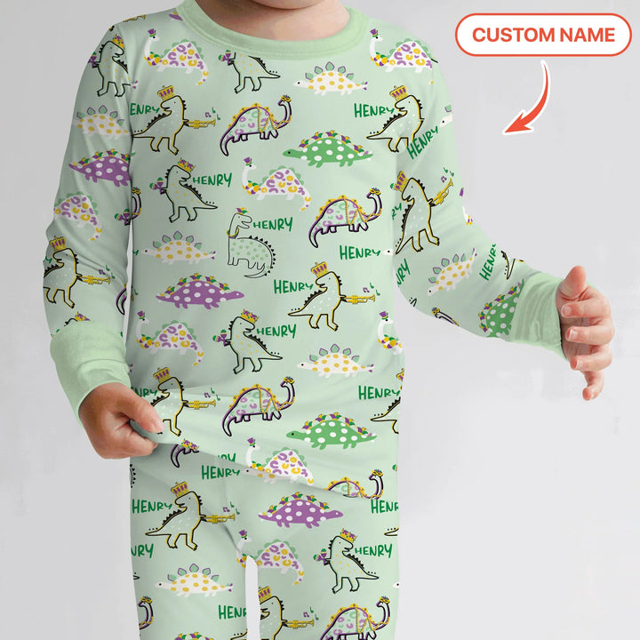 Custom Name Mardi Gras Saurus Bamboo Two Piece Long Sleeve Pajama Set