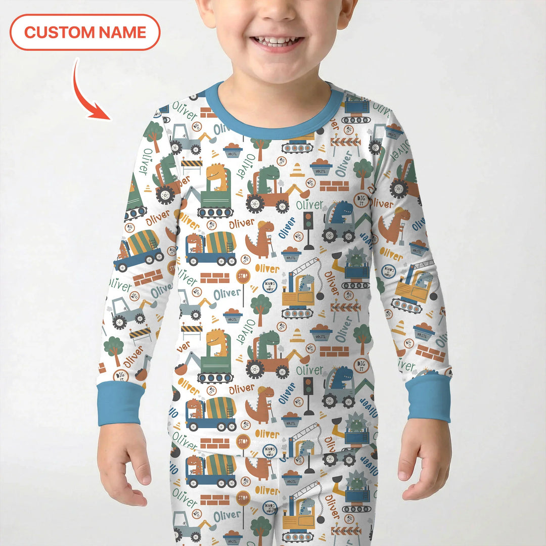 Custom Name Dino Diggers Bamboo Two Piece Long Sleeve Pajama Set