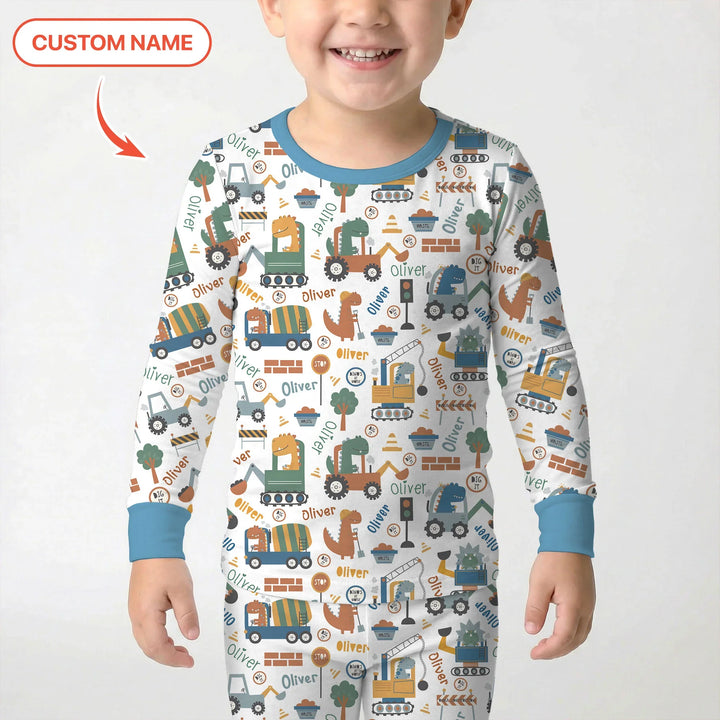 Custom Name Dino Diggers Bamboo Two Piece Long Sleeve Pajama Set