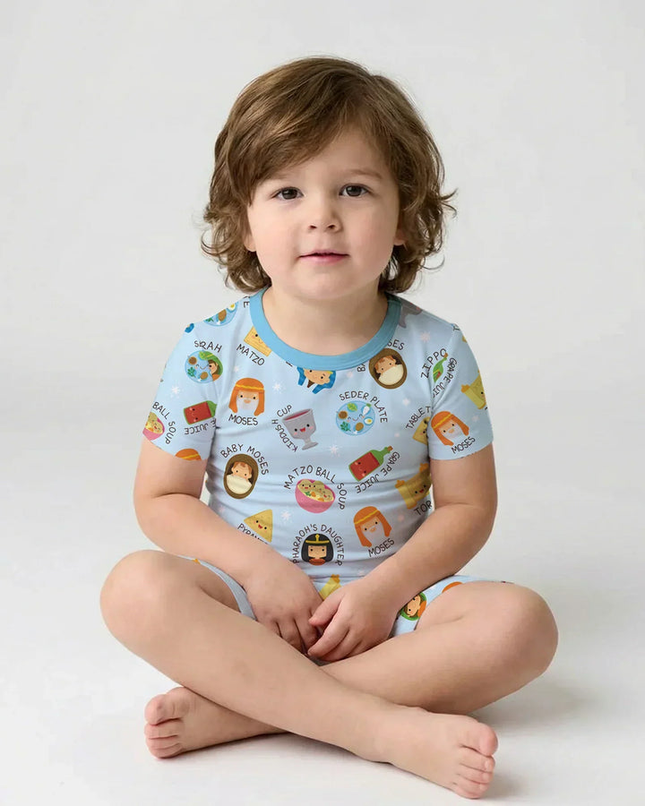 Cute Passover Characters Bamboo Two Piece Short Sleeve Shorts Pajama Set