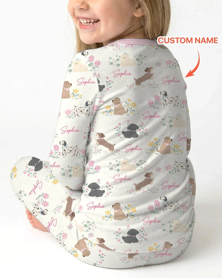 Custom Name Flower Dogs Bamboo Two Piece Long Sleeve Pajama Set
