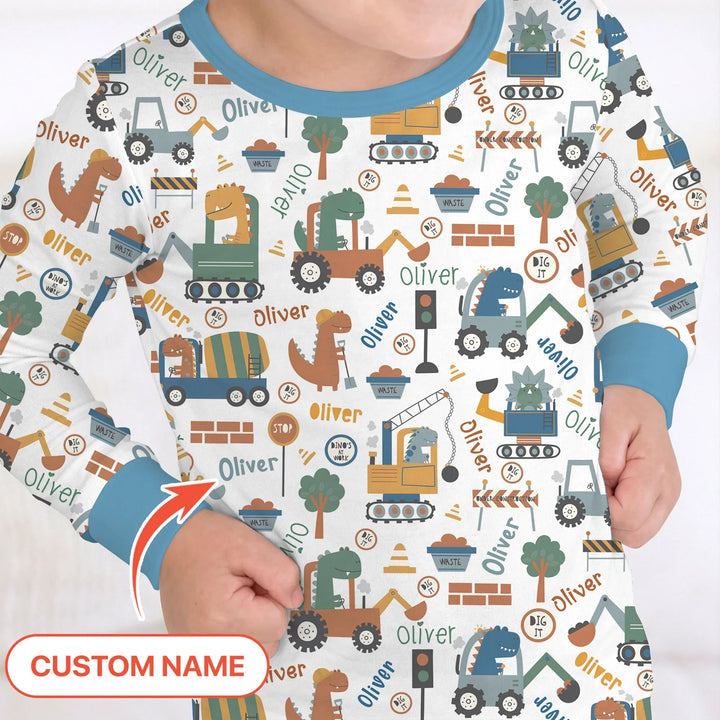 Custom Name Dino Diggers Bamboo Two Piece Long Sleeve Pajama Set