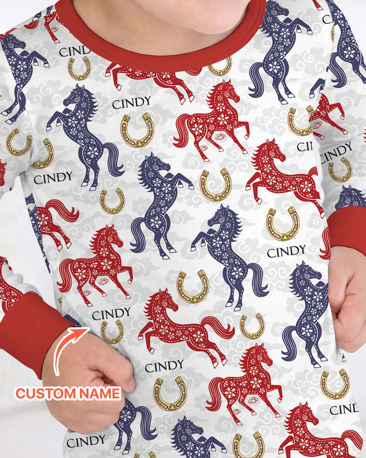 Custom Name Chinoiserie Horses Bamboo Two Piece Long Sleeve Pajama Set