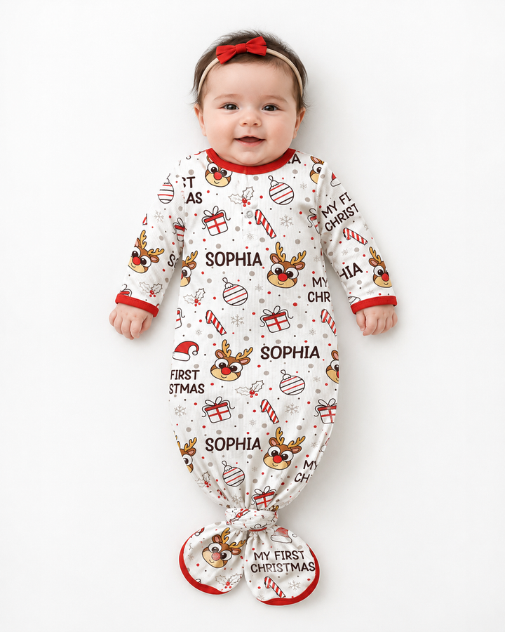 Custom Name Reindeer Doodle My First Christmas Bamboo Knot Gown