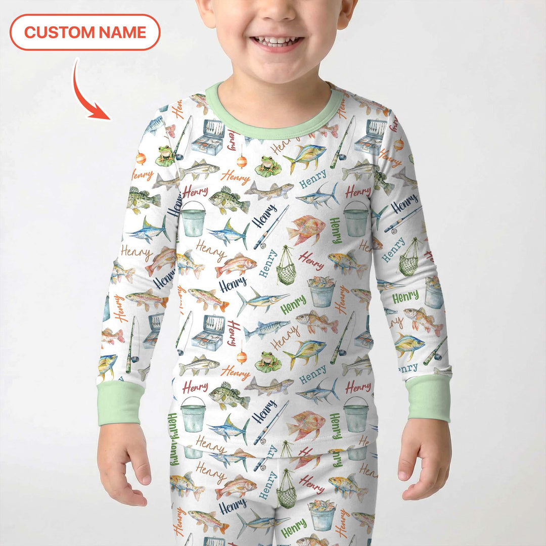 Happy Fishing Adventure Custom Name Bamboo Two Piece Long Sleeve Pajama Set