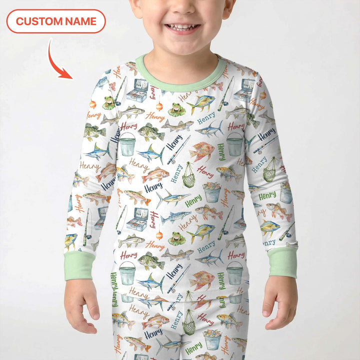 Happy Fishing Adventure Custom Name Bamboo Two Piece Long Sleeve Pajama Set