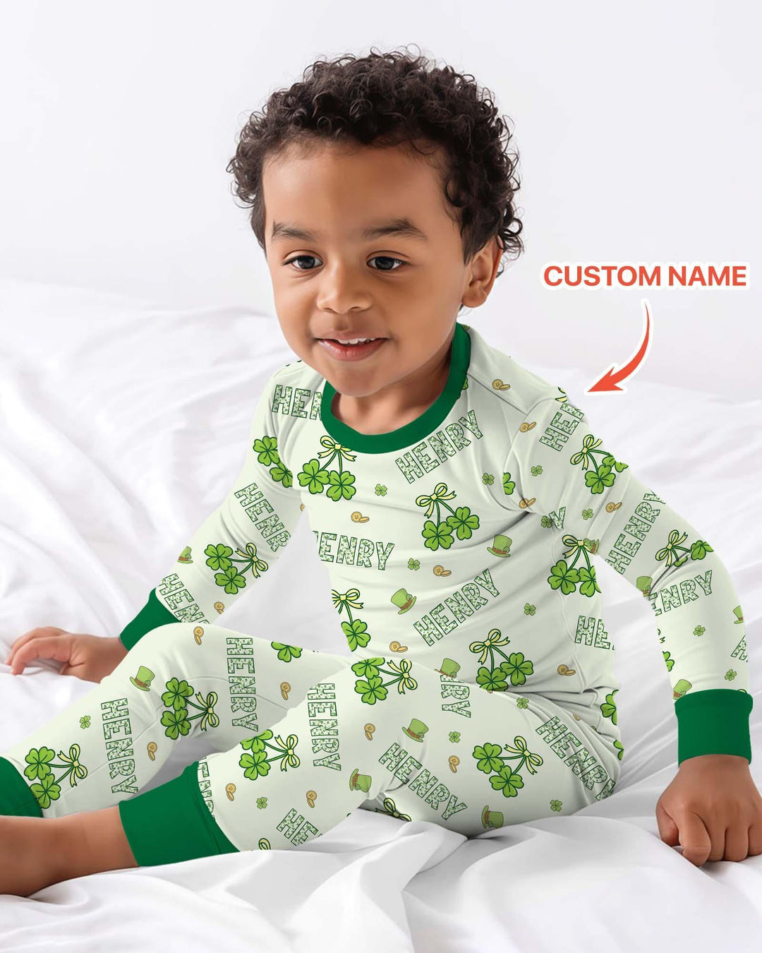 Custom Name Lucky Little Shamrock Bamboo Two Piece Long Sleeve Pajama Set