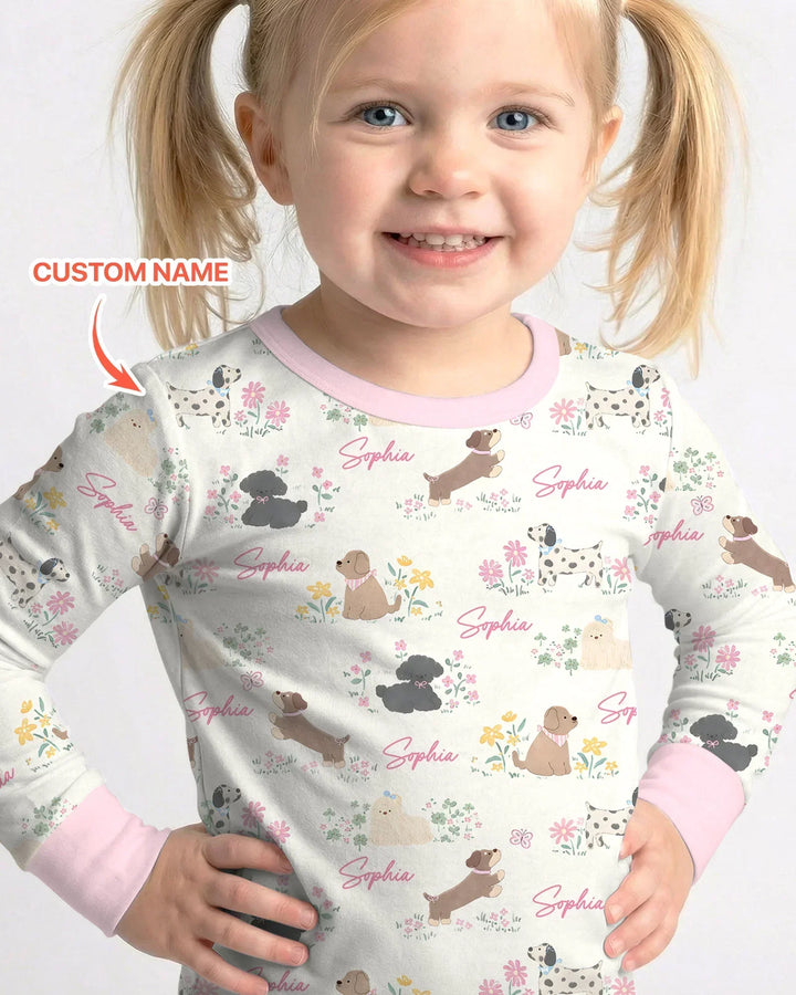 Custom Name Flower Dogs Bamboo Two Piece Long Sleeve Pajama Set