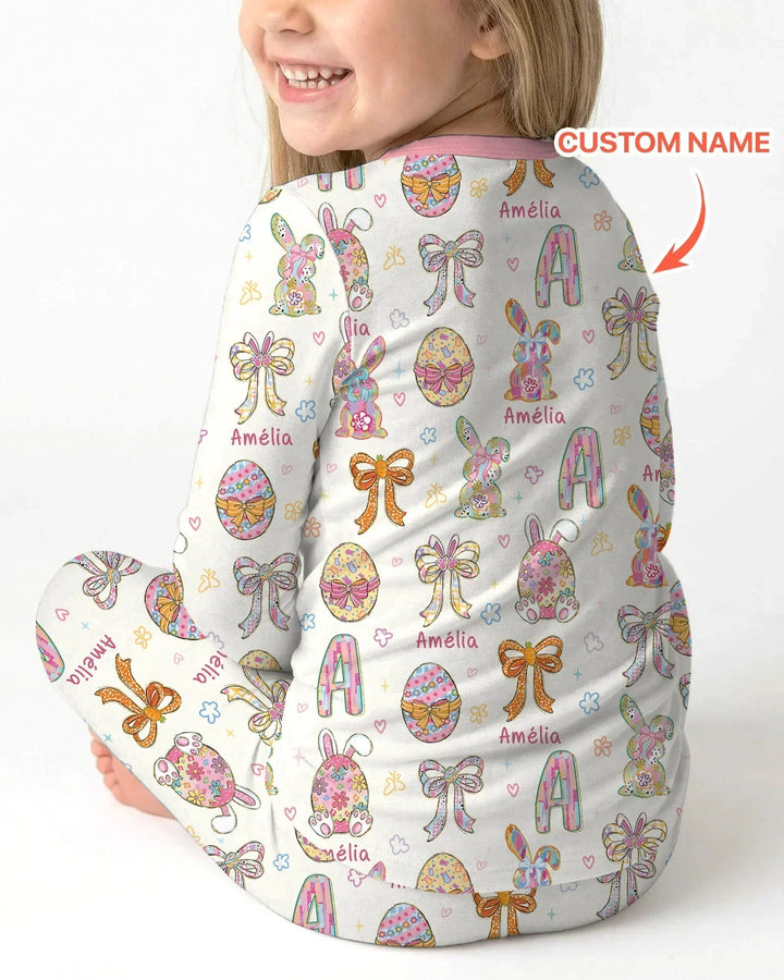 Happy Easter Custom Name Bamboo Two Piece Long Sleeve Pajama Set