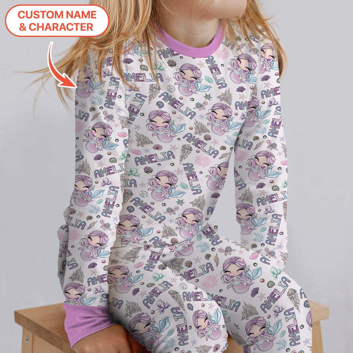Custom Name Doodle Little Mermaid Bamboo Two Piece Long Sleeve Pajama Set