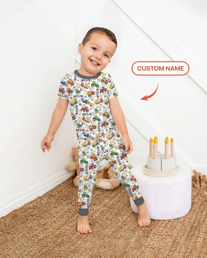 Under Construction Custom Name Bamboo Two Piece Short Sleeve Pajama Set