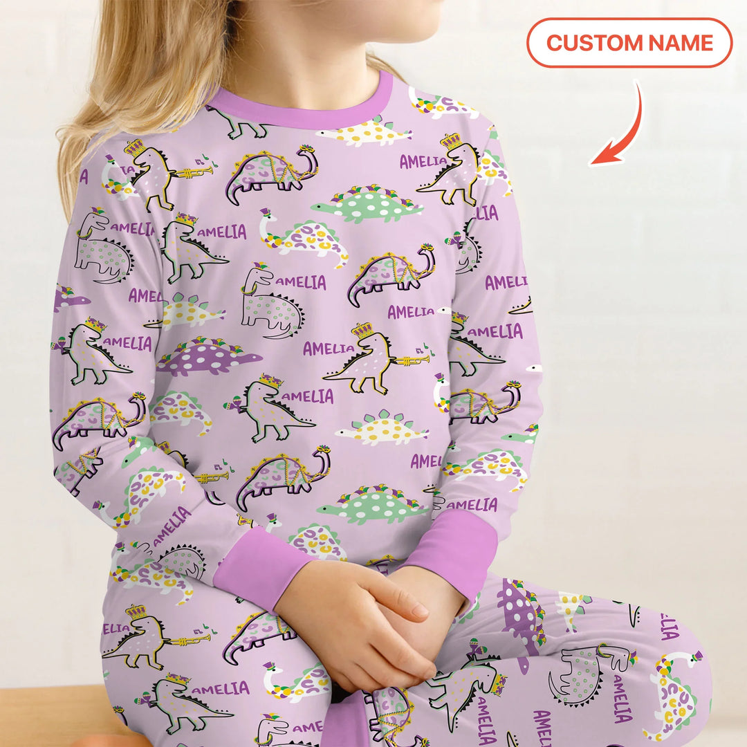 Custom Name Mardi Gras Saurus Bamboo Two Piece Long Sleeve Pajama Set