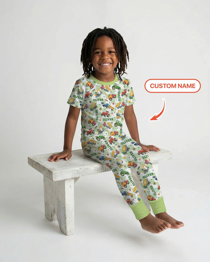Under Construction Custom Name Bamboo Two Piece Short Sleeve Pajama Set