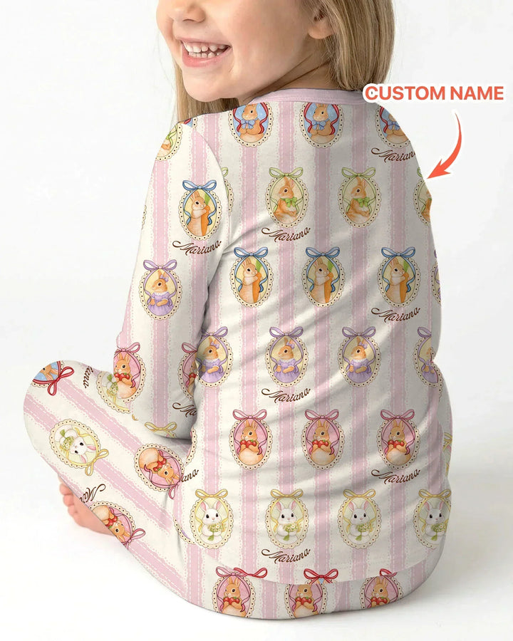 Custom Name Vintage Easter Bunny Bamboo Two Piece Long Sleeve Pajama Set