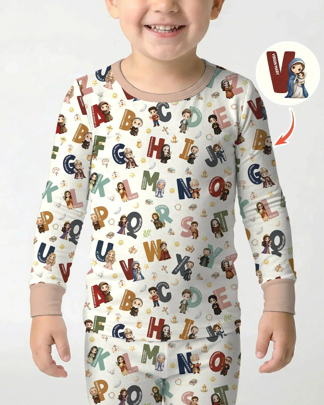 Catholic Saint ABCs Bamboo Two Piece Long Sleeve Pajama Set