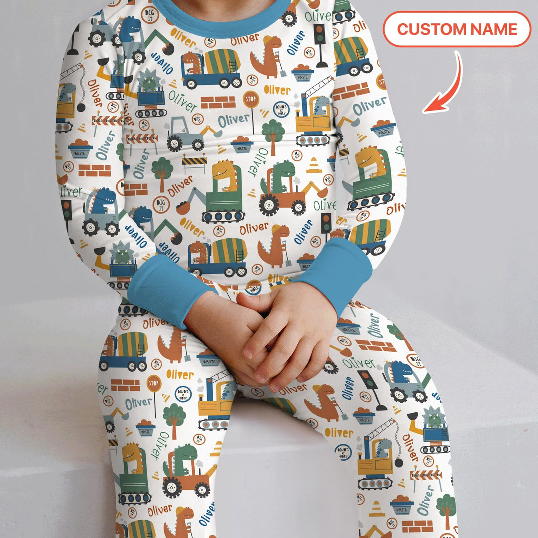 Custom Name Dino Diggers Bamboo Two Piece Long Sleeve Pajama Set