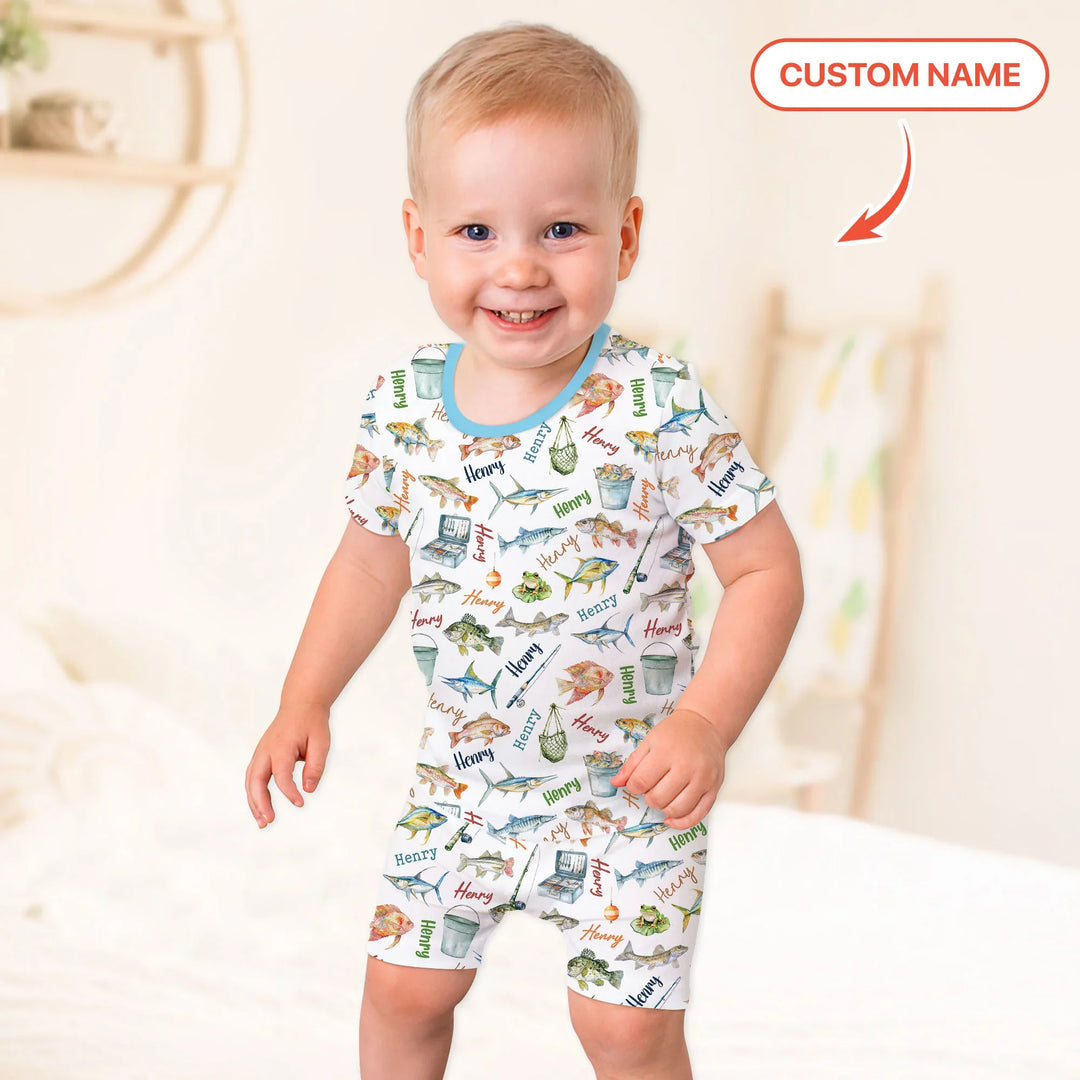 Happy Fishing Adventure Custom Name Bamboo Two Piece Short Sleeve Shorts Pajama Set