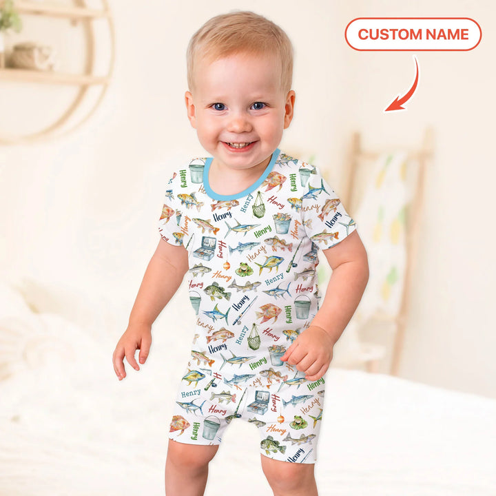 Happy Fishing Adventure Custom Name Bamboo Two Piece Short Sleeve Shorts Pajama Set