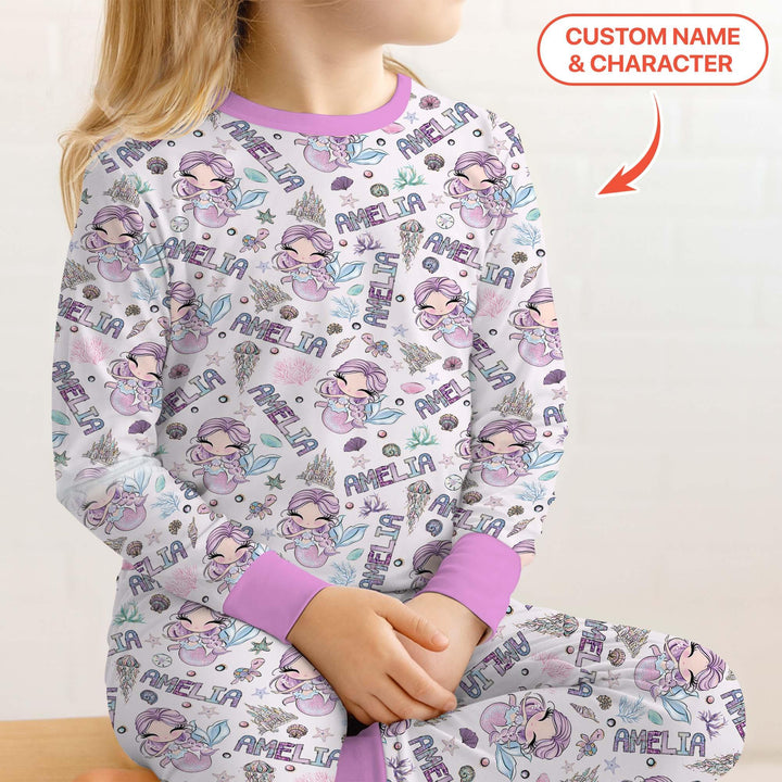 Custom Name Doodle Little Mermaid Bamboo Two Piece Long Sleeve Pajama Set