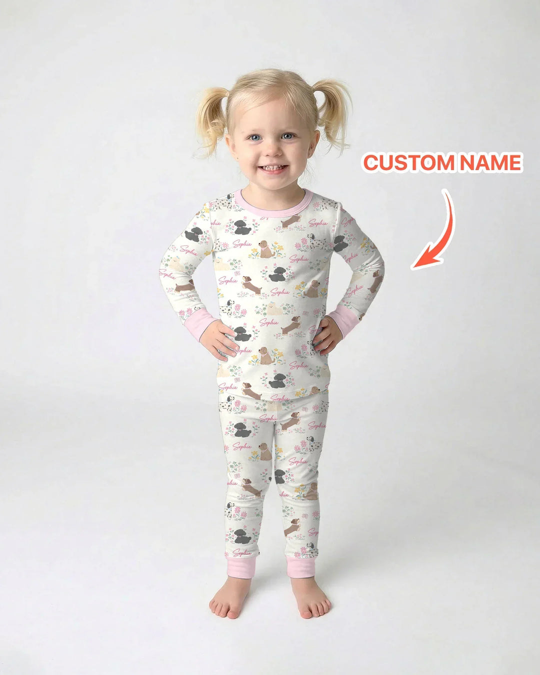 Custom Name Flower Dogs Bamboo Two Piece Long Sleeve Pajama Set