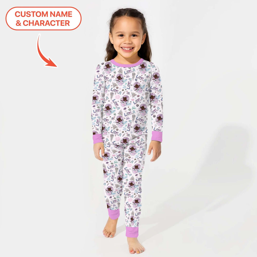 Custom Name Doodle Little Mermaid Bamboo Two Piece Long Sleeve Pajama Set