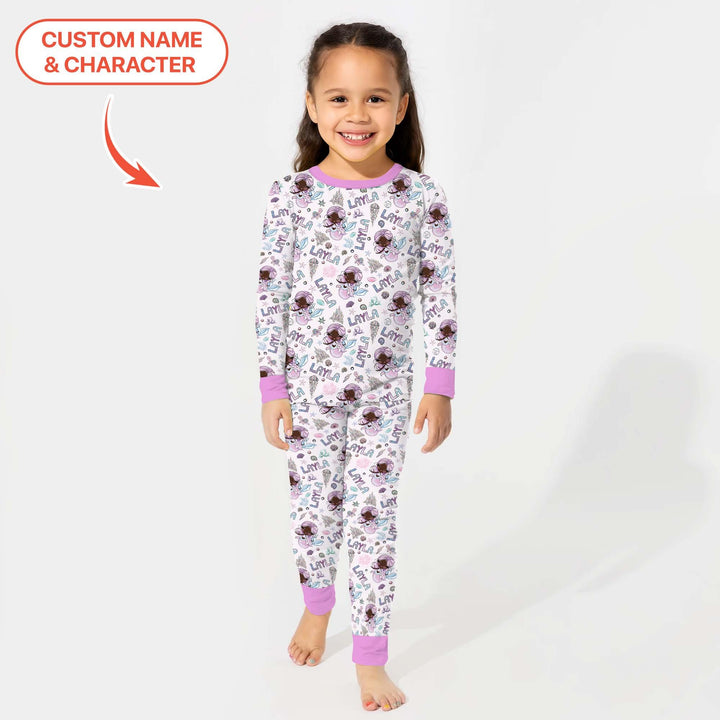 Custom Name Doodle Little Mermaid Bamboo Two Piece Long Sleeve Pajama Set