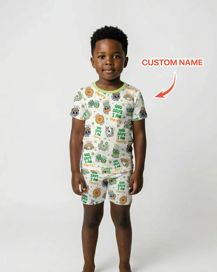 Personalized God Says I Am St. Patrick's Day Family Matching Bamboo Two Piece Short Sleeve Shorts Pajama Set
