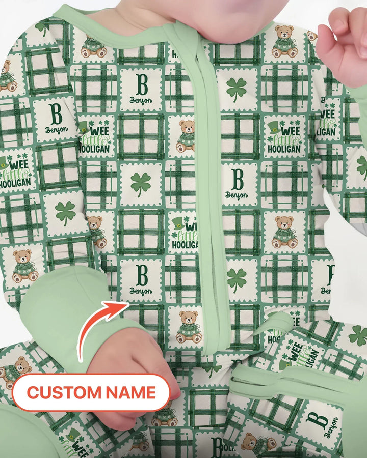 Custom Name Teddy Bear Gingham St. Patrick's Day Bamboo Convertible Zippy