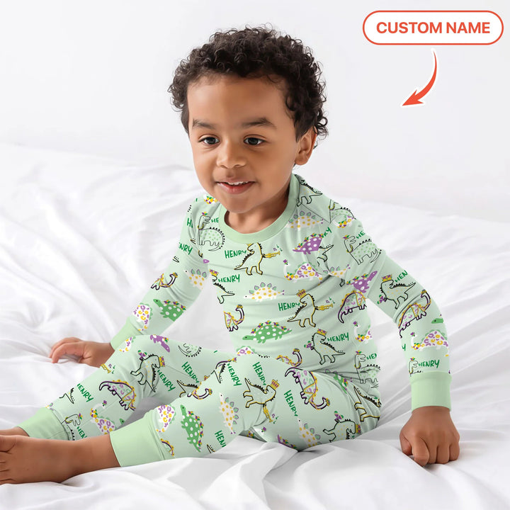 Custom Name Mardi Gras Saurus Bamboo Two Piece Long Sleeve Pajama Set