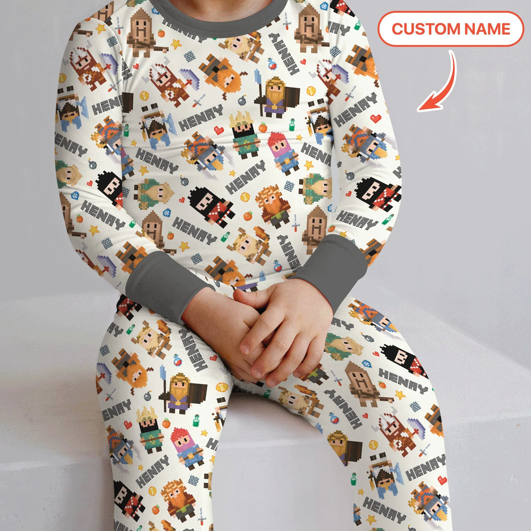 Blocky Buddy Squad Custom Name Bamboo Two Piece Long Sleeve Pajama Set