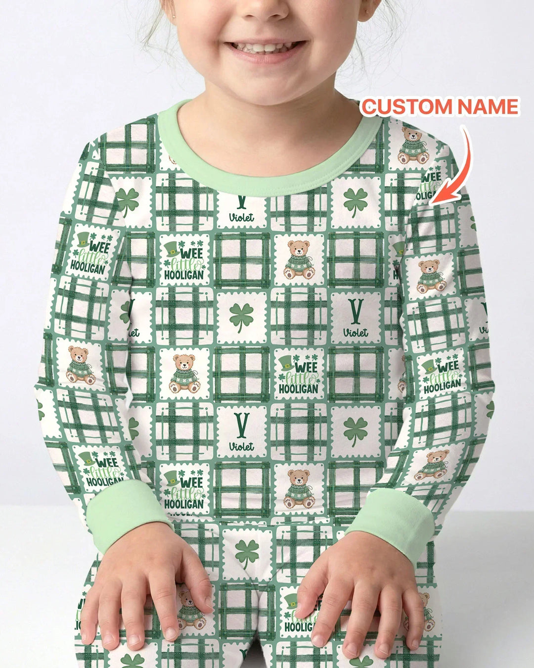 Custom Name Teddy Bear Gingham St. Patrick's Day Bamboo Two Piece Long Sleeve Pajama Set