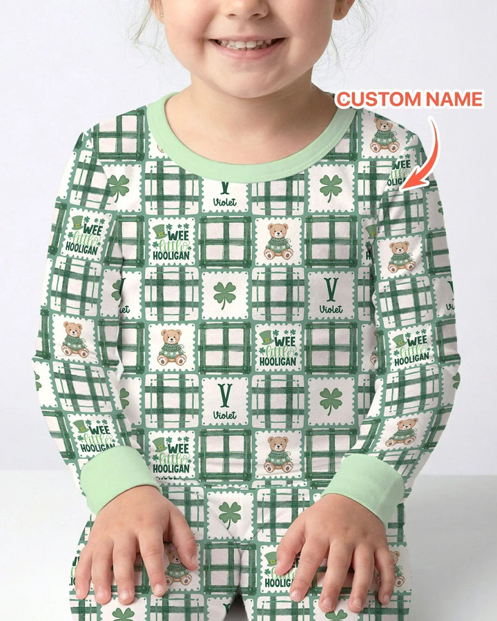 Custom Name Teddy Bear Gingham St. Patrick's Day Bamboo Two Piece Long Sleeve Pajama Set