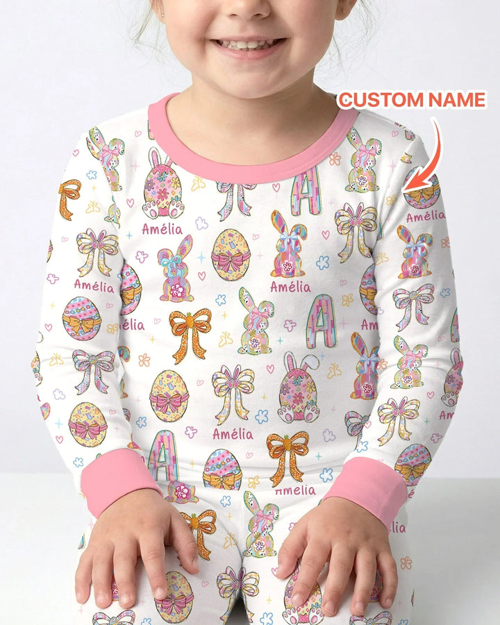 Happy Easter Custom Name Bamboo Two Piece Long Sleeve Pajama Set