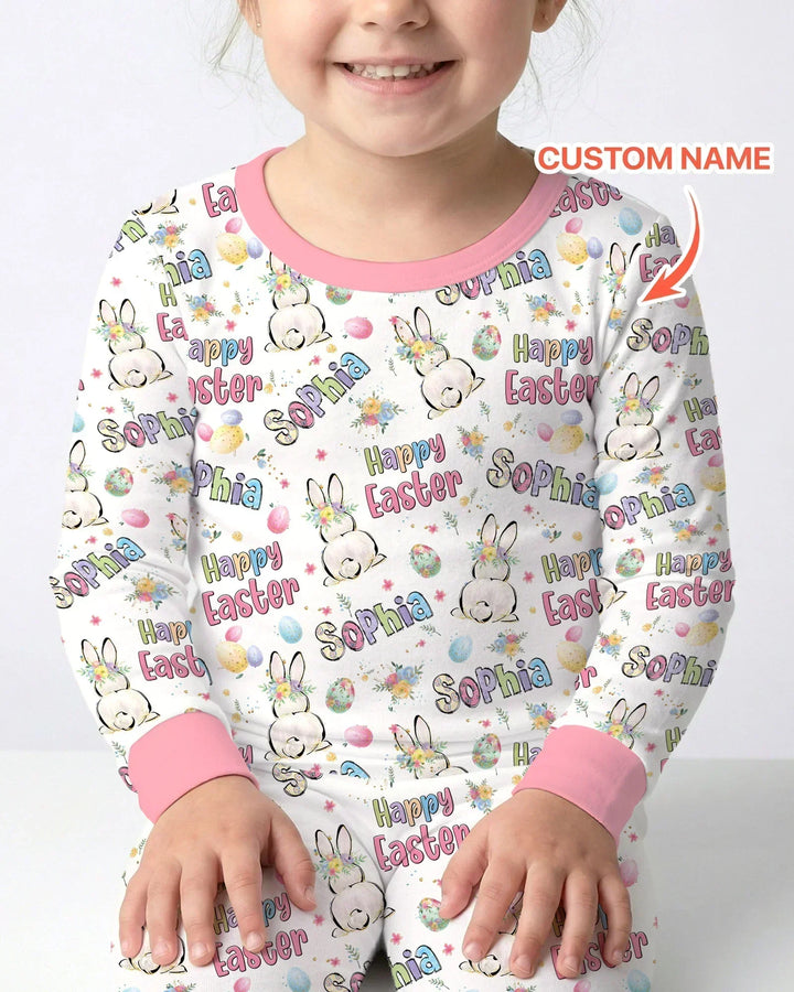 Personalized Happy Easter Bunny Bamboo Two Piece Long Sleeve Pajama Set