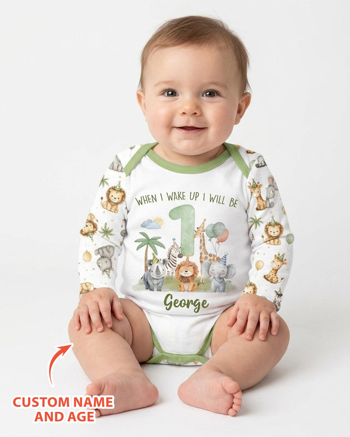 Custom Name Safari Animals When I Wake Up I Will Be Birthday Bamboo Bodysuit
