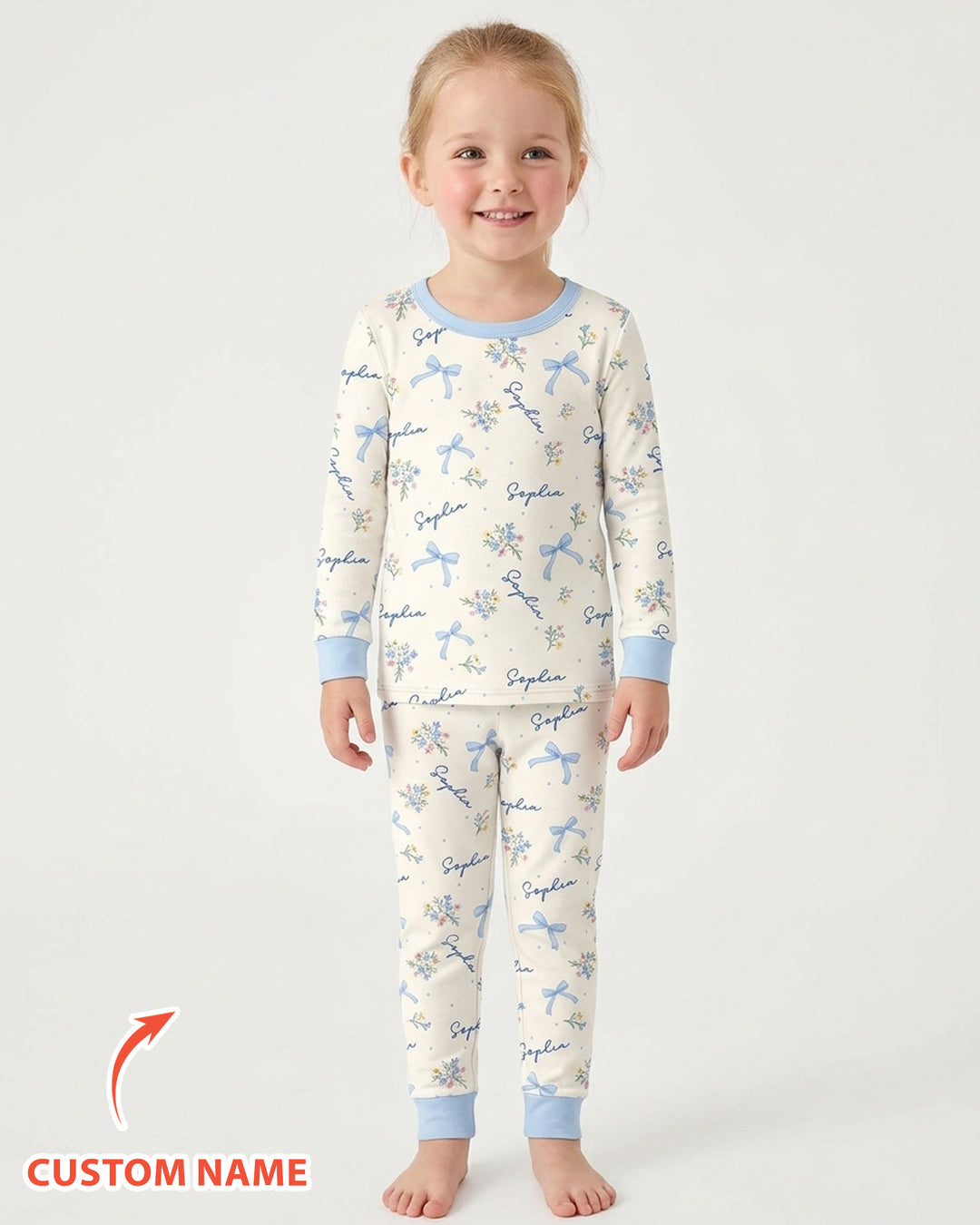 Pastel Ditsy Floral Bow Bamboo Two Piece Long Sleeve Pajama Set