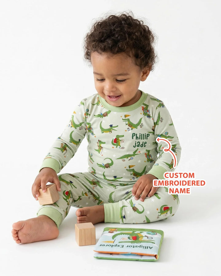 Custom Name Embroidered Alligator Bamboo Two Piece Long Sleeve Pajama Set