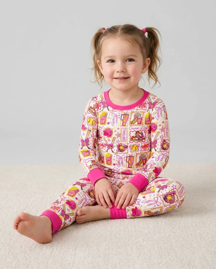 Pink Softball Game Day Bamboo Two Piece Long Sleeve Pajama Set