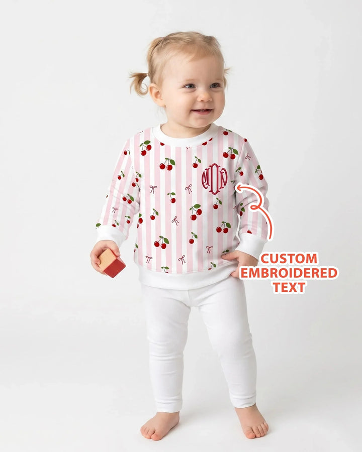 Personalized Embroidered Monogram Letter Cherry Bamboo Crewneck Sweatshirt