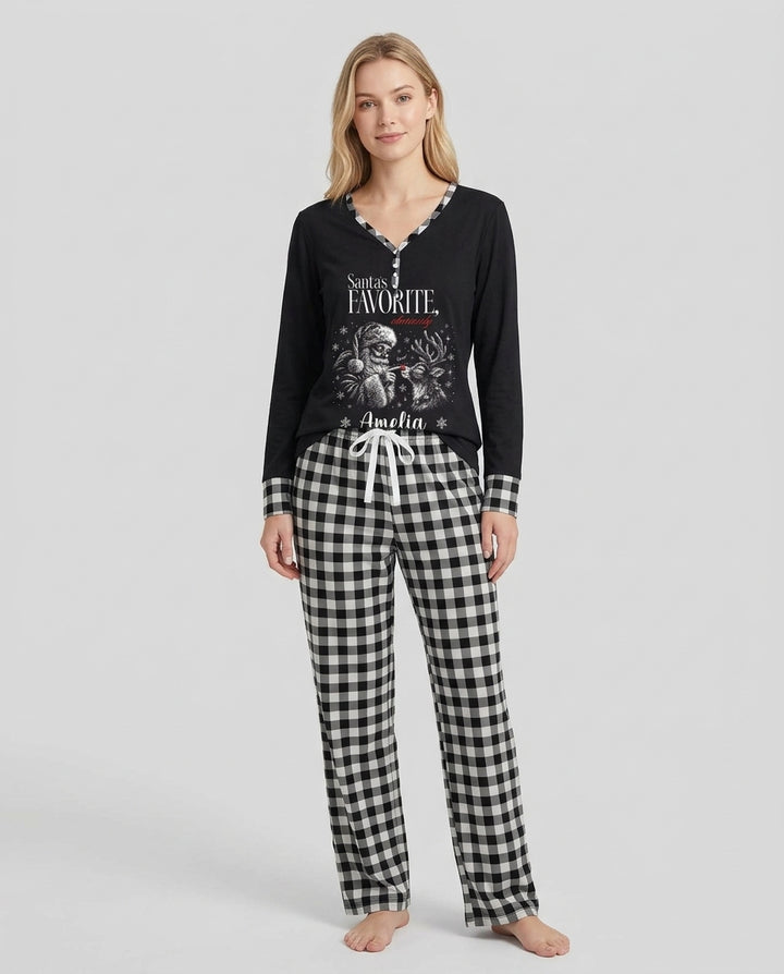 Custom Name Santa's Favorite Buffalo Plaid Bamboo Women Pajama Set