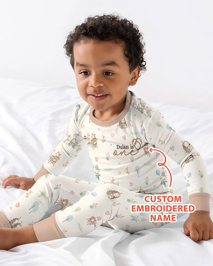 Custom Embroidered Name Birthday Baby Bamboo Two Piece Long Sleeve Pajama Set